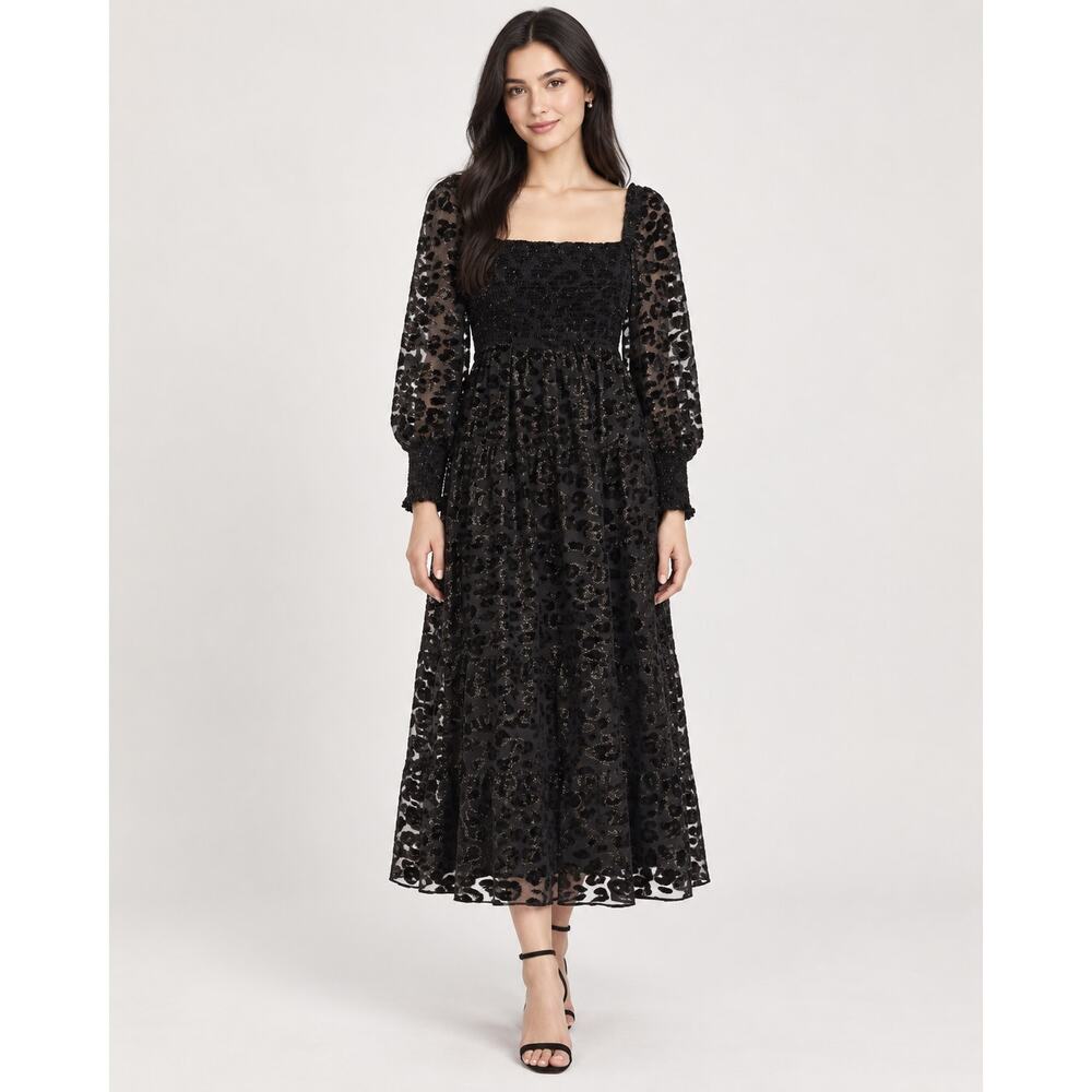 ALICE + OLIVIA Midi Dress XS Black Velvet Burnout Smocked Square Neck Gothic